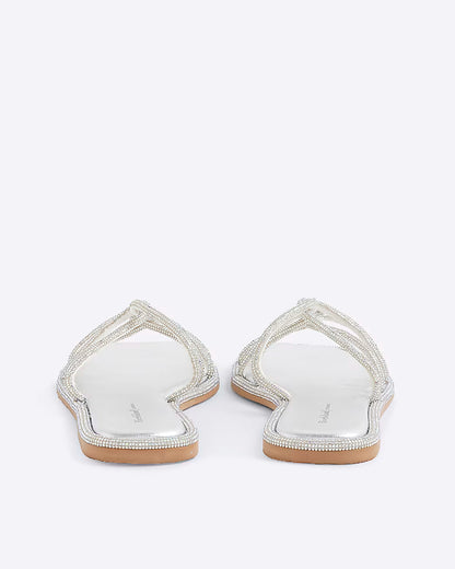 Silver Embellished Twist Strap Flat Sandals